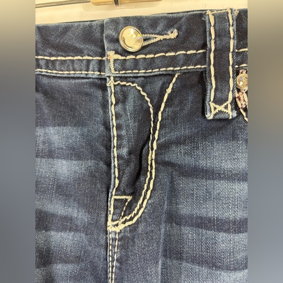 Rock Revival MidRise Urban Red Boot Embroidered Embellished Blue White Jeans 28 - Picture 3 of 6